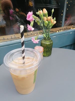 Iced latte with oat milk at Woodlawn Coffee Co in Horsforth