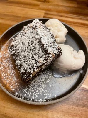 Chocolate cookie dough brownie with ice cream at Vegan Street in Calgary