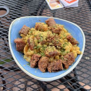 Kids mac and cheese, add beyond bratwurst  at Vegan Street in Calgary