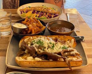 Today's Meal- Beaf Dip w/ Fries and Sesame Ginger Noodle Bowl. at Vegan Street in Calgary