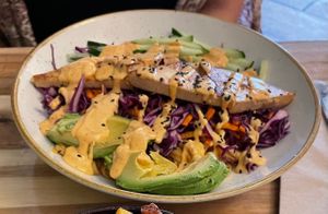 Tofu Sesame Ginger Noodle Bowl at Vegan Street in Calgary