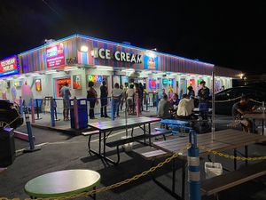 Outside late night at Meyer's Ice Cream Parlor in Surfside Beach