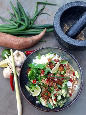 Sweet potato with spring vegetables, crispy tofu and cucumber poppy seed salad with red pepper- Bij de Tuinman at Bij De Tuinman in Hilversum