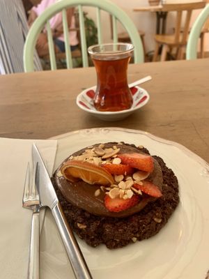 Vegan tart and çay tea  at Ekim Pastanesi in Datca