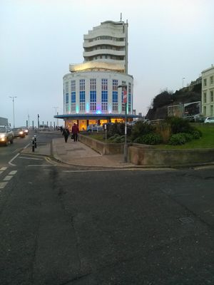 Marina Court looks like an ocean liner.  at Cumbia Kitchen - Cafe Bar in St Leonards