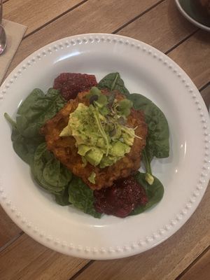 sweetcorn fritters  at MOYA brunch in Sevilla