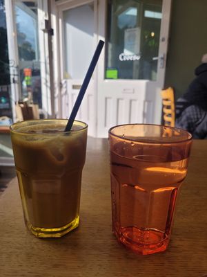 Iced Oat Latte and Tap Water at Riverside Cafe in Llanfairfechan