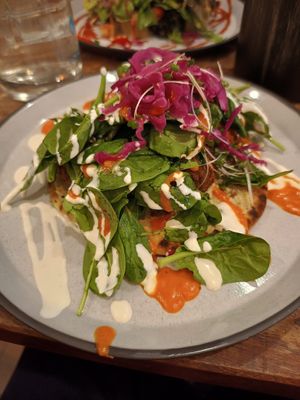 Falafel flatbread with spinach instead of mixed leaves at Servd in Westport
