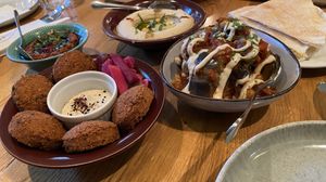 Falafel, mohamara, hummus, musaka & pita  at Ikrams in Konstanz