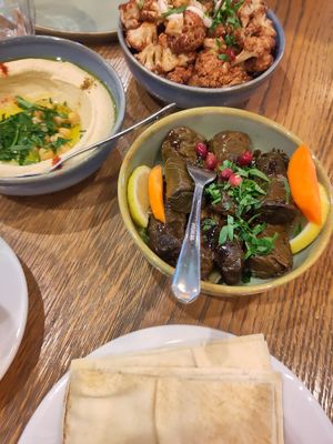 Gefüllte Weinblätter, Hummus at Ikrams in Konstanz