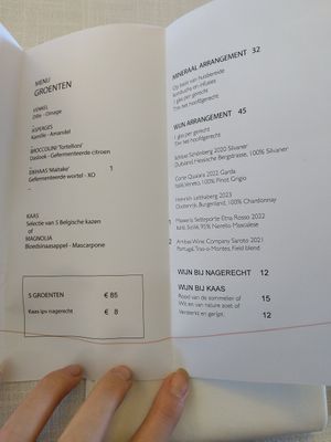 Menu at De Vijf Seizoenen in Brakel
