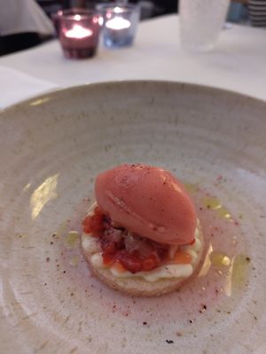 Dessert: almond cake with magnolia syrup and blood orange sorbet at De Vijf Seizoenen in Brakel