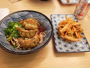 Gyoza and noodles with tempura battered veg. at Kineya Mugimaru in North London
