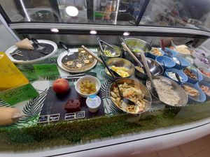 Salads,quiche,cakes...but mußte be lucky to get vegan ones at Orgànic in Sant Feliu De Guixols