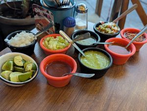Sauces and salsas at La Ambivalencia Taquería in Guadalajara