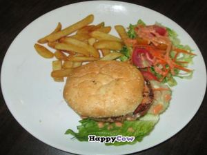 Burger and fries at Permai Village Cafe Vegetarian Delights in Penang