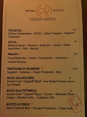 Vegan menu January 2024  at Cori Pastificio Trattoria in San Diego