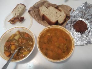 Delivered food via Glovo application: two vegetable stews (bread was included) and vegetable balls. at Kuća tete Ane in Zagreb