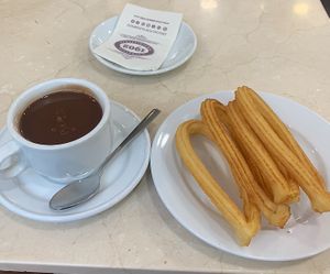 Vegan churros with chocolate at Chocolateria 1902 in Madrid