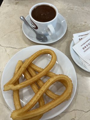 Churros with vegan chocolate   at Chocolateria 1902 in Madrid