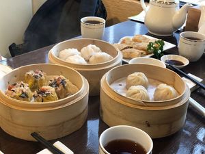 Veggie Shrimp & Bamboo shoot tips Dumplings(Up) 筍尖蝦餃王(上); Mushroom Sui Mai(Left) 香菇燒賣(左); Steamed Buns with Veggie Shark Fins in soup(Right) 素翅灌湯小籠包(右) at Veggie Kingdom 緻素坊 in Kowloon