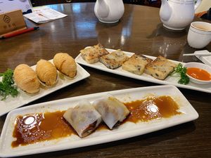 Taro puff, turnip cake, bbq rice rolls  at Veggie Kingdom 緻素坊 in Kowloon