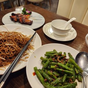 Bbq pork, Truffle noodles, preen beans at Veggie Kingdom 緻素坊 in Kowloon