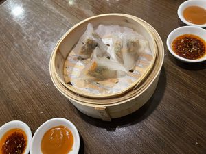 Mixed Mushroom Dumplings with Black Truffle Saucee  at Veggie Kingdom 緻素坊 in Kowloon