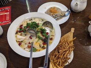 Pepper and pickled assorted mushrooms in casserole; crispy shredded abalone mushroom; pine nut truffle sauce fried rice at Veggie Kingdom 緻素坊 in Kowloon