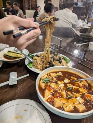 Japanese cucumber (spicy), crispy noodles (with mushrooms), and mapo Tofu (no rice). They offer tea by default (you have to pay extra) at Veggie Kingdom 緻素坊 in Kowloon