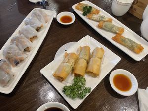 Dim sum - rice rolls, fried dumplings, spring rolls  at Veggie Kingdom 緻素坊 in Kowloon