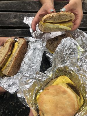 Delicious classic breakfast sandwich and Mickey g biscuit sandwich  at Grindcore House in Philadelphia