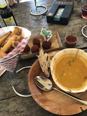 Vegan curry/coconut soup. Vegan beetroot bitterballen (saus was not vegan) fries are delicious and they have vegan mayo  at Fort aan de Klop in Utrecht