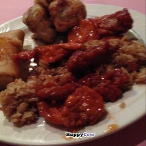 buffet! spring roll, fake chicken, fried rice, something else... good! at New Harmony Vegetarian Restaurant in Philadelphia