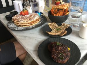 Pancakes, sausage and “bacon”. Yes, please!  at Gaia & Loki in Jersey City