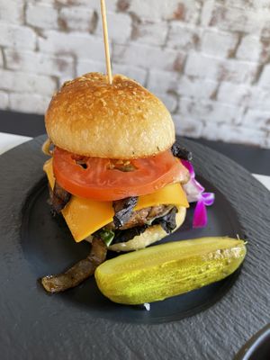 Sautéed Mushroom & Onion Burger
Sautéed Portobello Mushrooms and Onions, Garlic Aioli, Provolone Cheese, served on Focaccia Roll  at Gaia & Loki in Jersey City