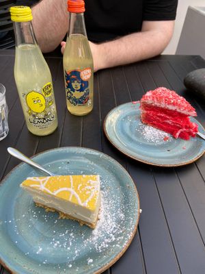 Vegan lemon cheesecake and red velvet cake! at Organico Juice Bar & Eatery in Liverpool