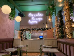 Seating and kitchen area where the chefs plate up the food  #Veganuary at Organico Juice Bar & Eatery in Liverpool