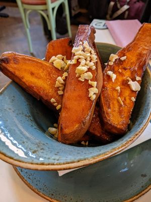 Sweet potato wedges with cashews and truffle oil at Organico Juice Bar & Eatery in Liverpool
