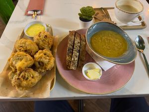 Seasonal spiced cauliflower soup and deep fried Cauliflower fritters at Organico Juice Bar & Eatery in Liverpool