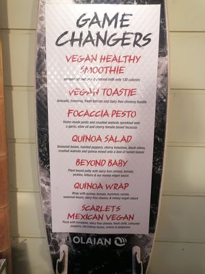 Vegan specific dishes advertised at the door at Surfside in Sliema