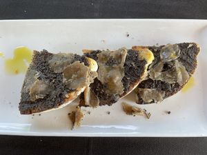 Crostini al tartufo  at Osteria del Lago in Bagnoregio