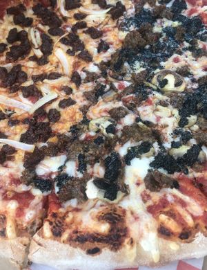 best vegan pizza. 1/2 chorizo, 1/2 italian sausage with veggies. extra vegan mozzarella & sauce at Mattenga's Pizzeria in Schertz