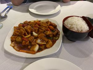 Ma po tofu & boiled rice  at East in Llandudno