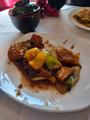 Bean curd in black bean sauce (partly eaten, sorry!) at East in Llandudno