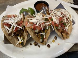 Vegan tacos with vegan soy meat and vegan cheese  at Plaza Azteca in Hampton