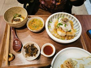 Tofu on Tofu don(vegan), miso soup(vegan) and onsen tamago(egg) at Uncle Donburi in Paddington