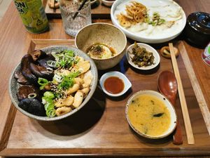 Shiitake mushroom don(vegan), miso soup(vegan) and onsen tamago(egg) at Uncle Donburi in Paddington