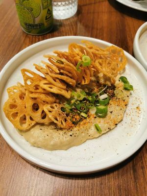 Burnt eggplant dip with lotus chips(vegan) at Uncle Donburi in Paddington