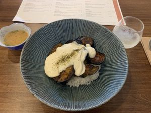 Eggplant don and miso soup  at Uncle Donburi in Paddington